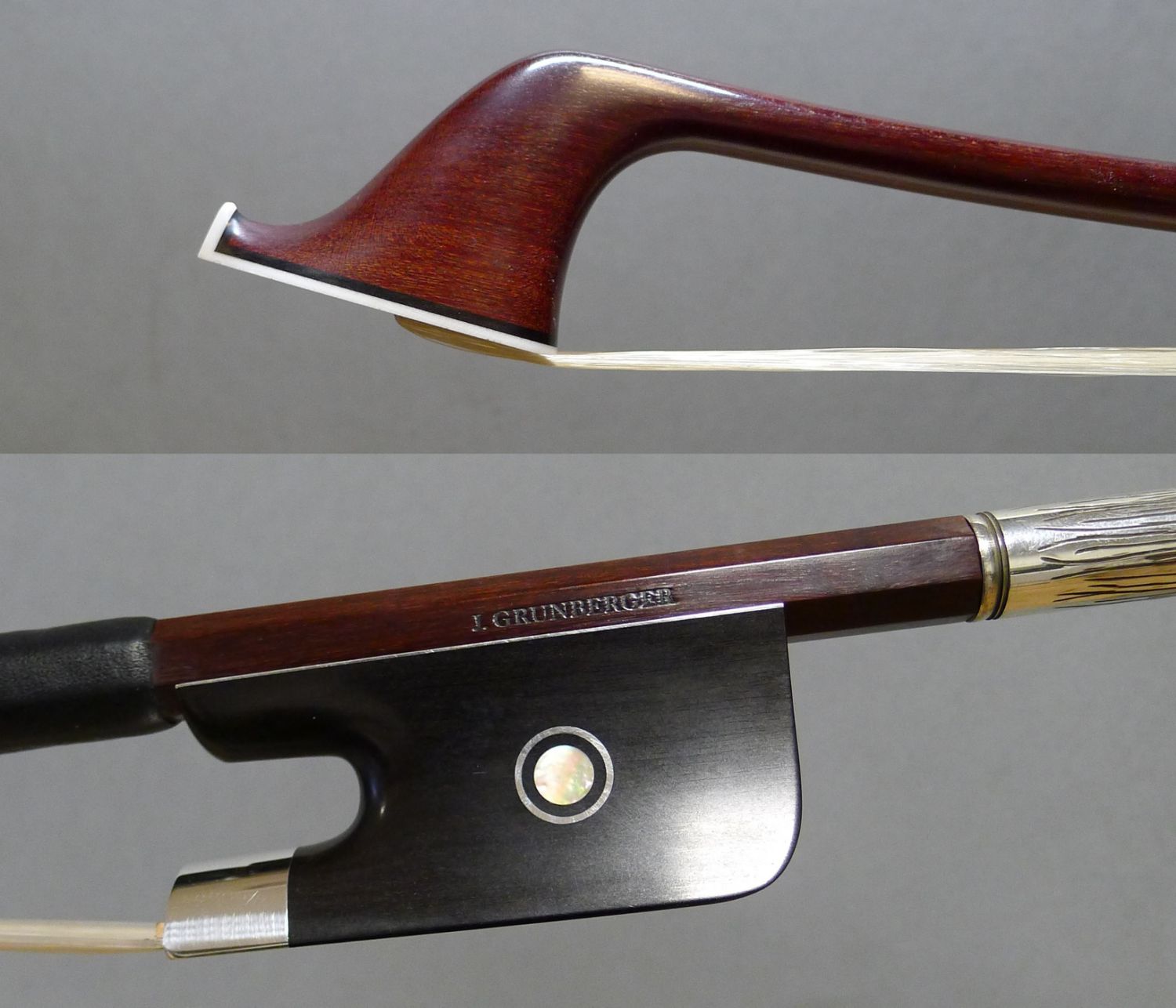 Archet de contrebasse monté ébène et argent fabriqué par Jean Grunberger.