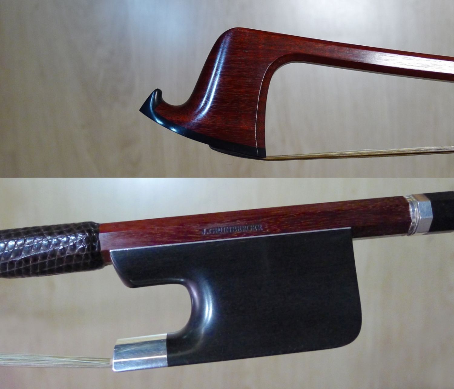 Archet de contrebasse monté ébène et argent fabriqué par Jean Grunberger.