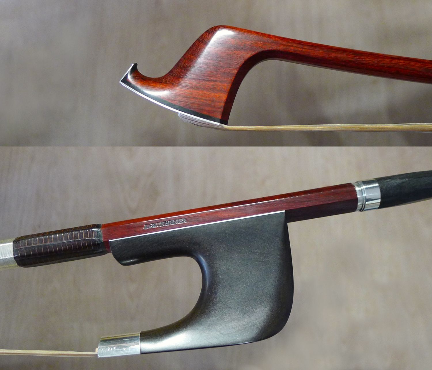 Archet de contrebasse monté ébène et argent fabriqué par Jean Grunberger.