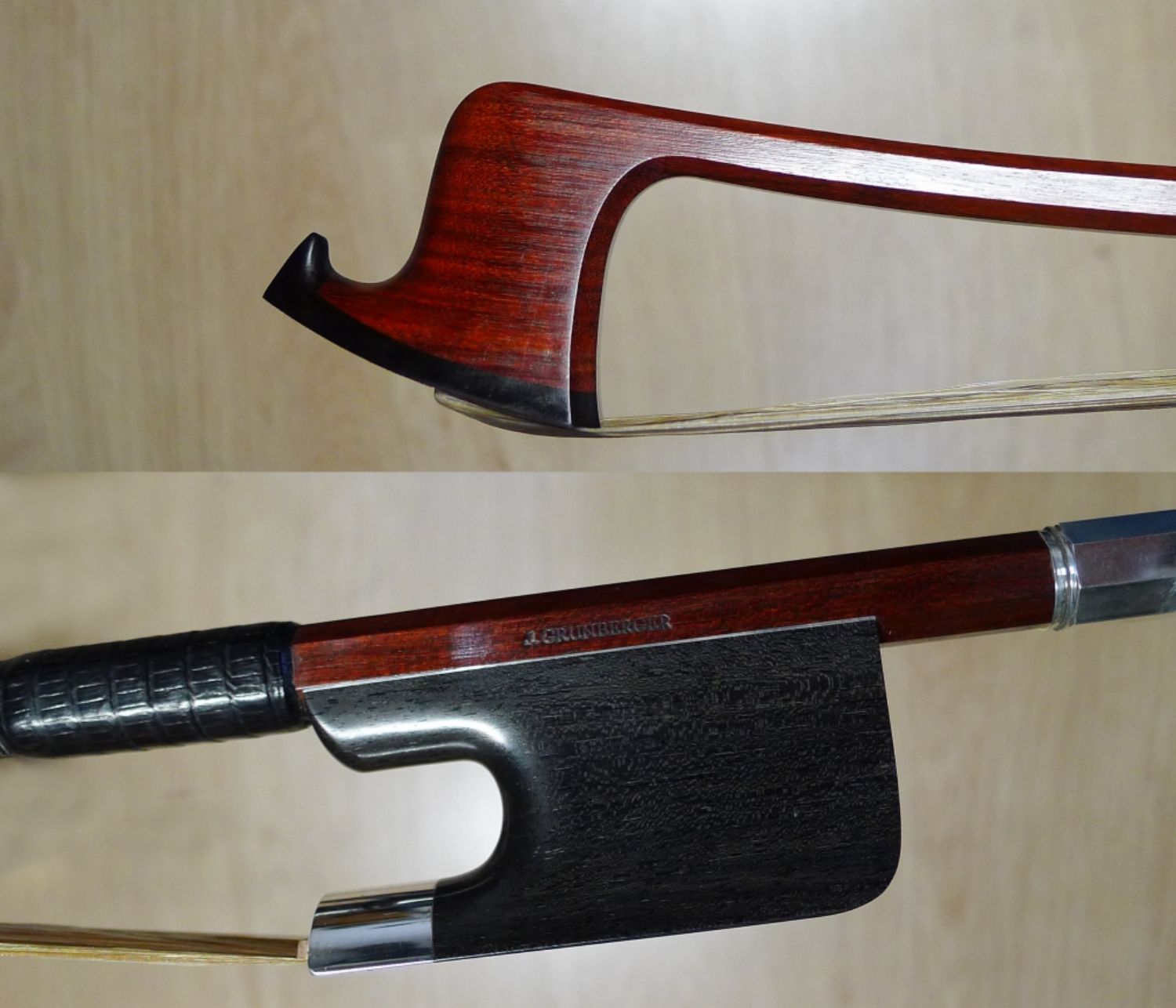 Archet de contrebasse monté ébène et argent fabriqué par Jean Grunberger.