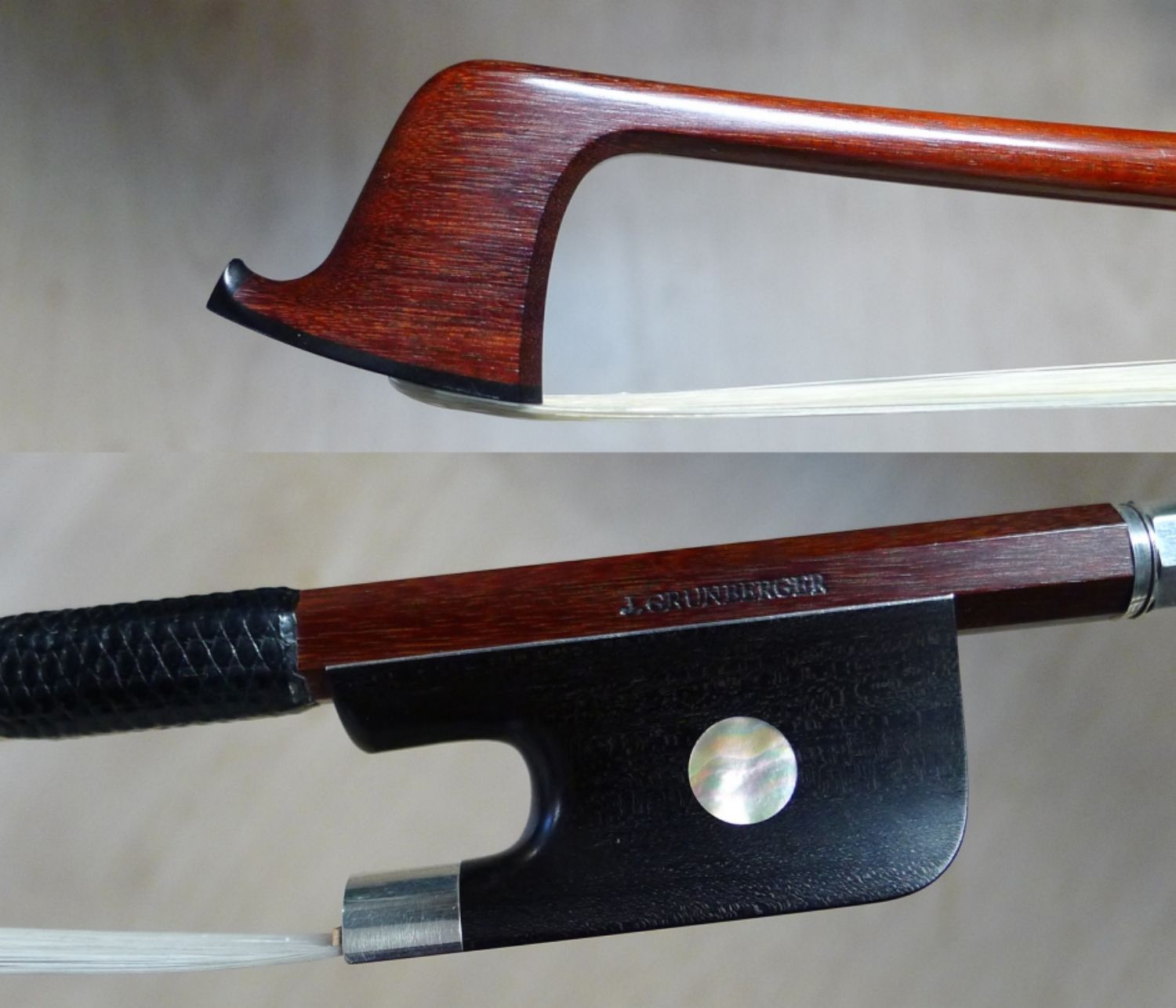 Archet de violoncelle monté ébène et argent fabriqué par Jean Grunberger.